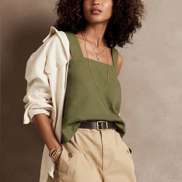 NWT Banana Republic Linen Rayon Blend Wide Strap Tank Square Neck Olive Green XL - Picture 1 of 6